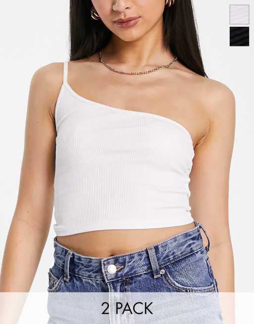 Stradivarius 2 pack 1 shoulder cami top in black and white