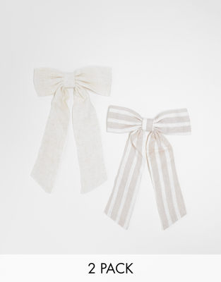 Stradivarius 2 pack linen hair bows in natural and stripe-Navy