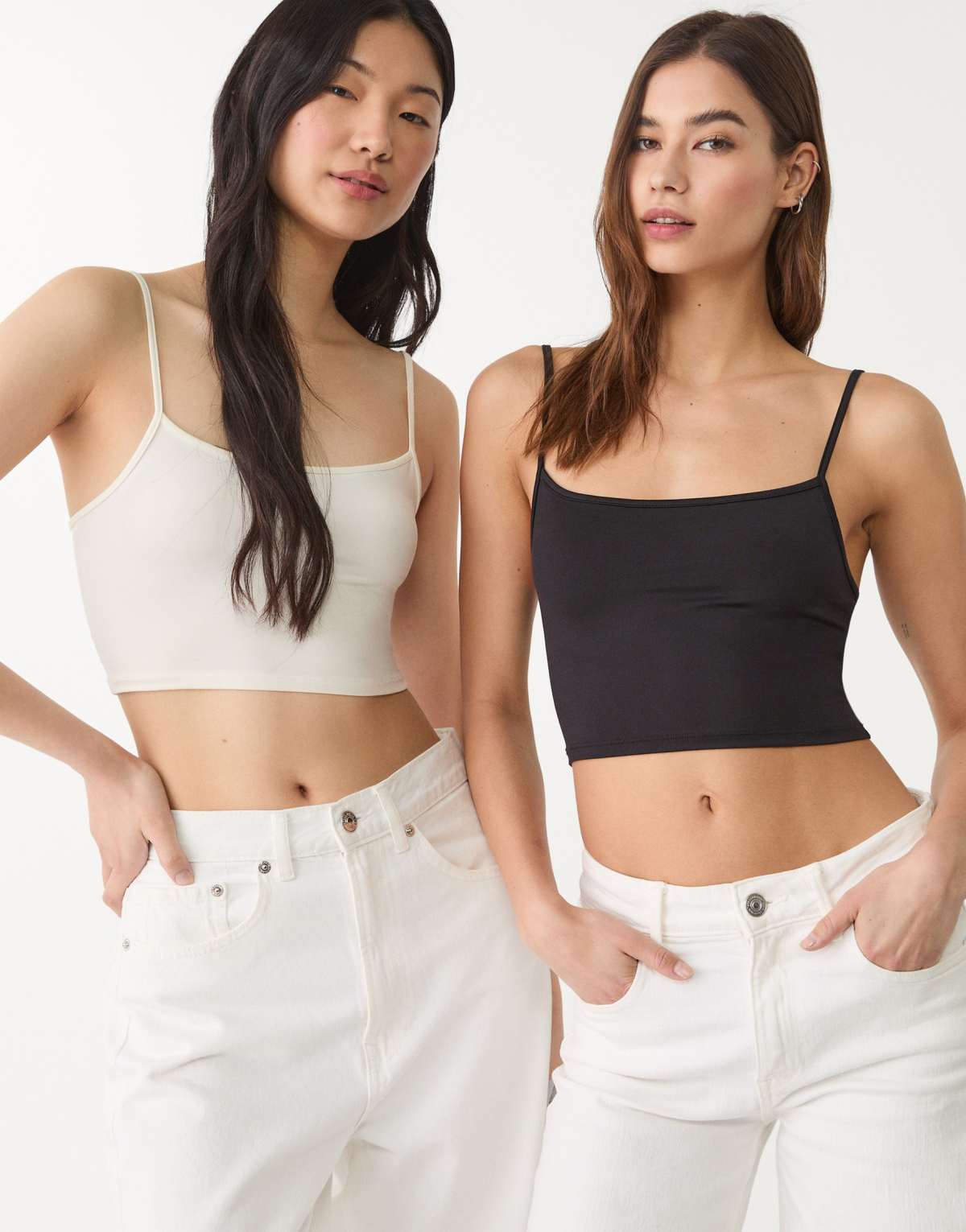 Stradivarius 2 pack of strappy crop tops in black
