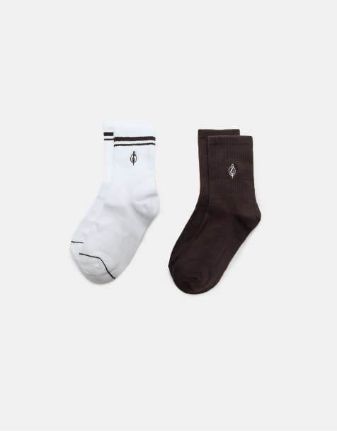 Stradivarius 2-pack of striped and embroidered socks in brown - view 1