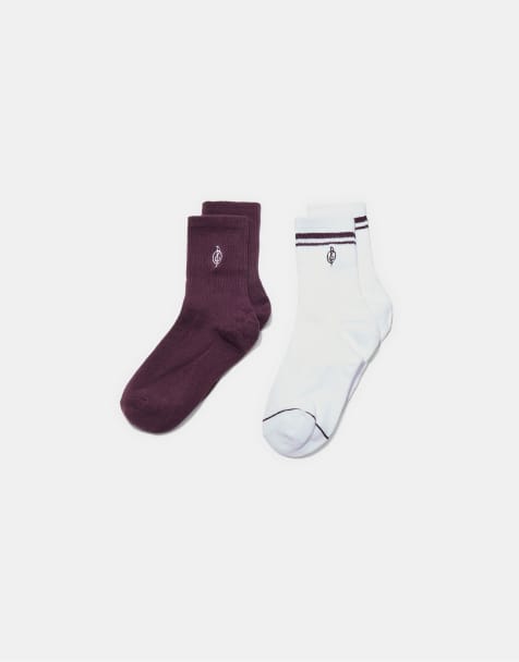 Stradivarius 2-pack of striped and embroidered socks in purple - view 1