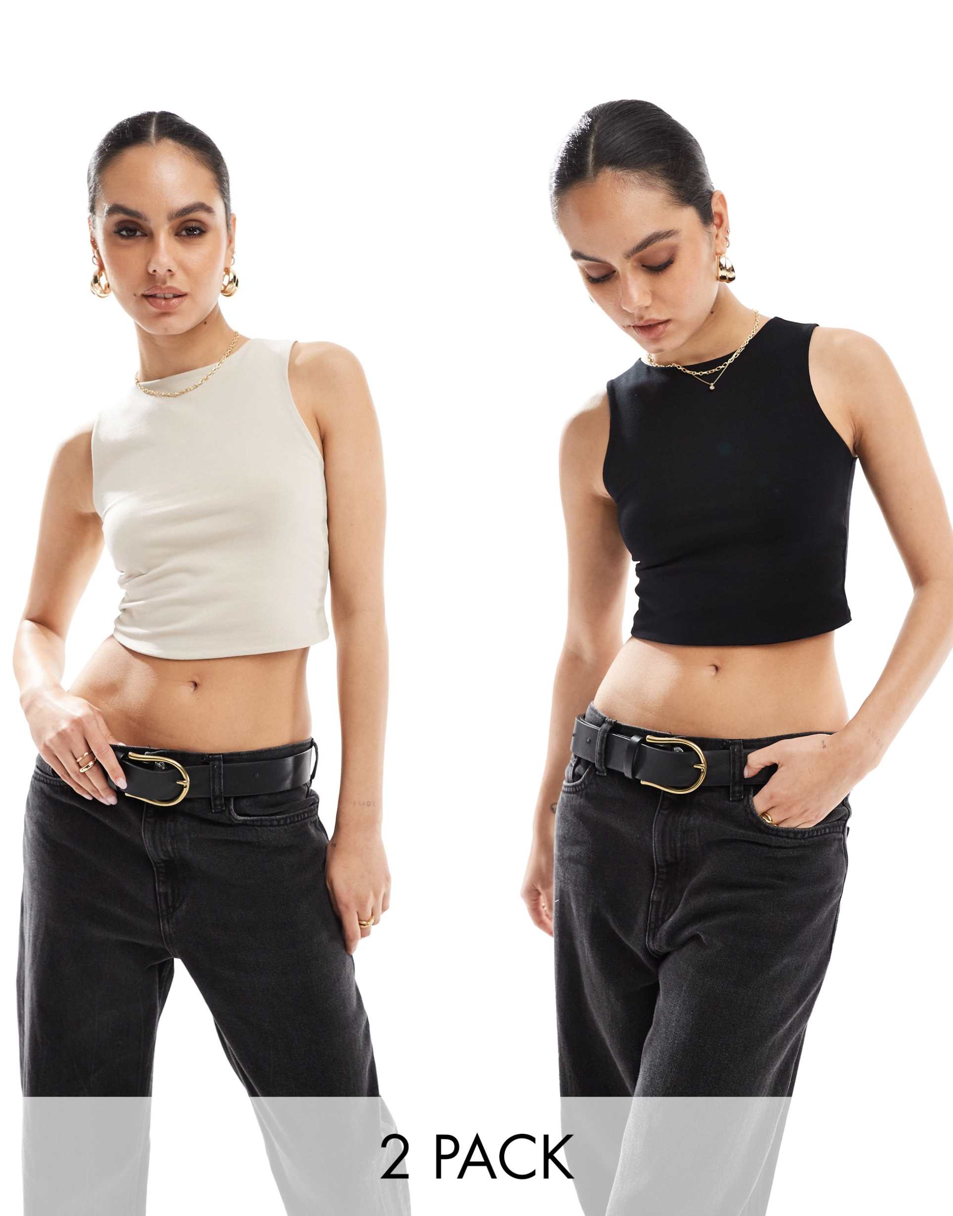 stradivarius 2-pack seamless tank tops in beige and black