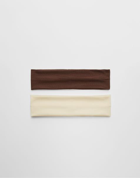 Stradivarius – 2er-Pack elastische Stirnbänder in Mittelbeige - view 1