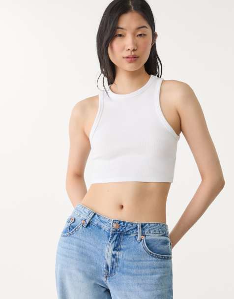 Stradivarius – 2er-Pack gerippte Basic-Cropped-Oberteile in Stone - view 1