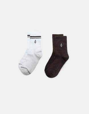 Stradivarius - 2er-Pack gestreifte und bestickte Socken in Braun-Brown