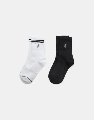 Stradivarius - 2er-Pack gestreifte und bestickte Socken in Schwarz