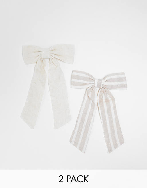 Stradivarius – 2er-Pack Haarschleifen aus Leinen in Natur und mit Streifenmuster
