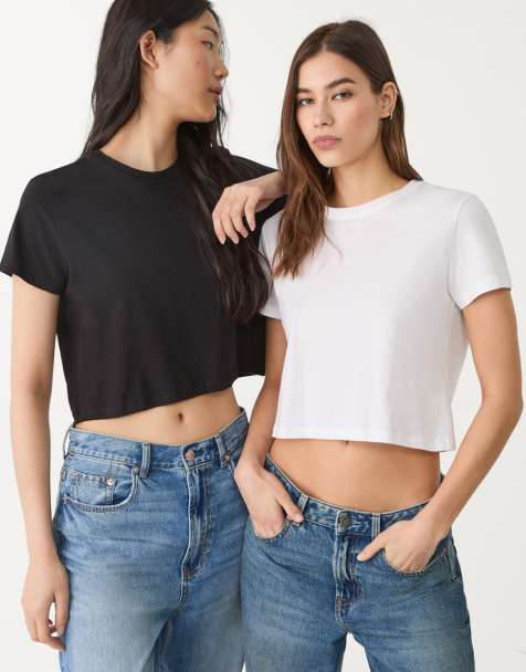 Stradivarius – 2er-Pack kurzärmliges Cropped-Oberteil in Schwarz - view 1