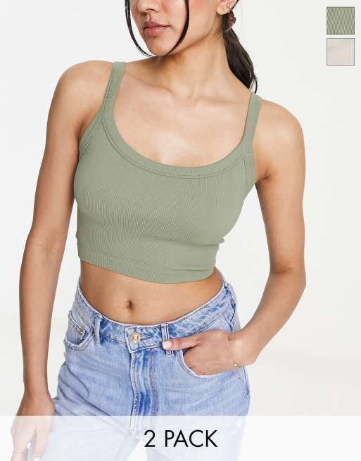 Stradivarius – 2er-Pack nahtlose, gerippte Trägertops in Khaki und Stein 
