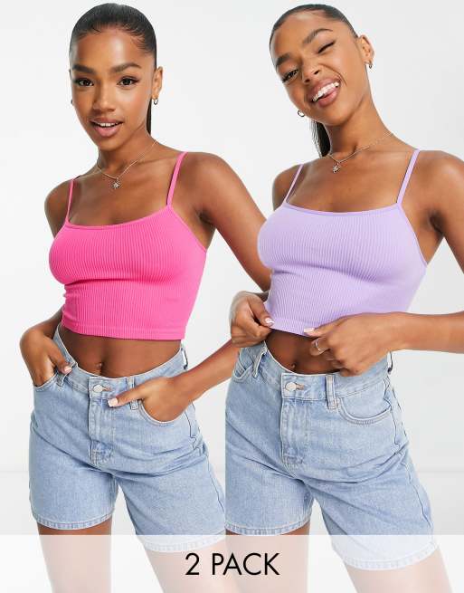 Stradivarius – 2er-Pack nahtlose, kurze Oberteile in Lila und Rosa 