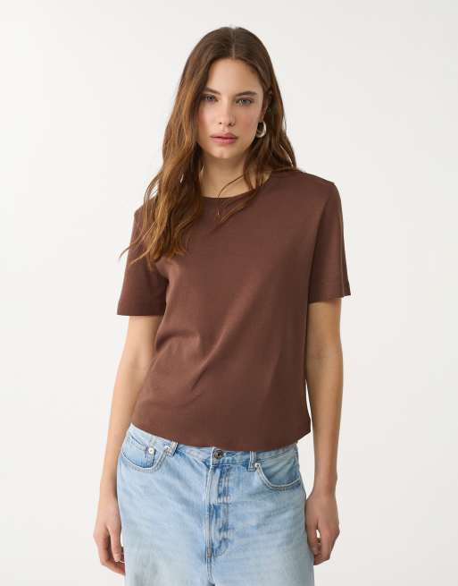 Stradivarius – 2er-Pack schwere Basic-T-Shirts in Braun mit regulärer Passform