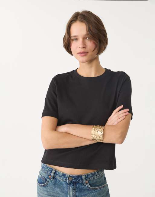 Stradivarius – 2er-Pack schwere Basic-T-Shirts in Schwarz mit regulärer Passform