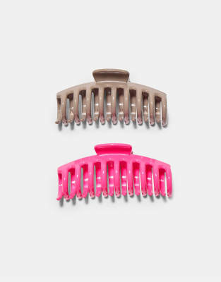 Stradivarius - 2er-Set große, zarte Haarklammern in Neonrosa