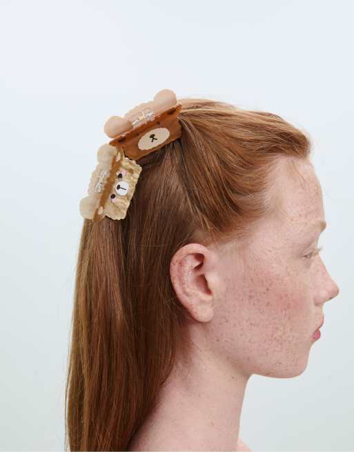 Stradivarius – 2er-Set Haarspangen in Braun mit Bärendesign