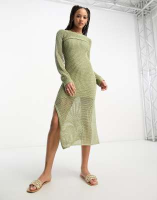 2in1 crochet maxi dress in khaki-Green
