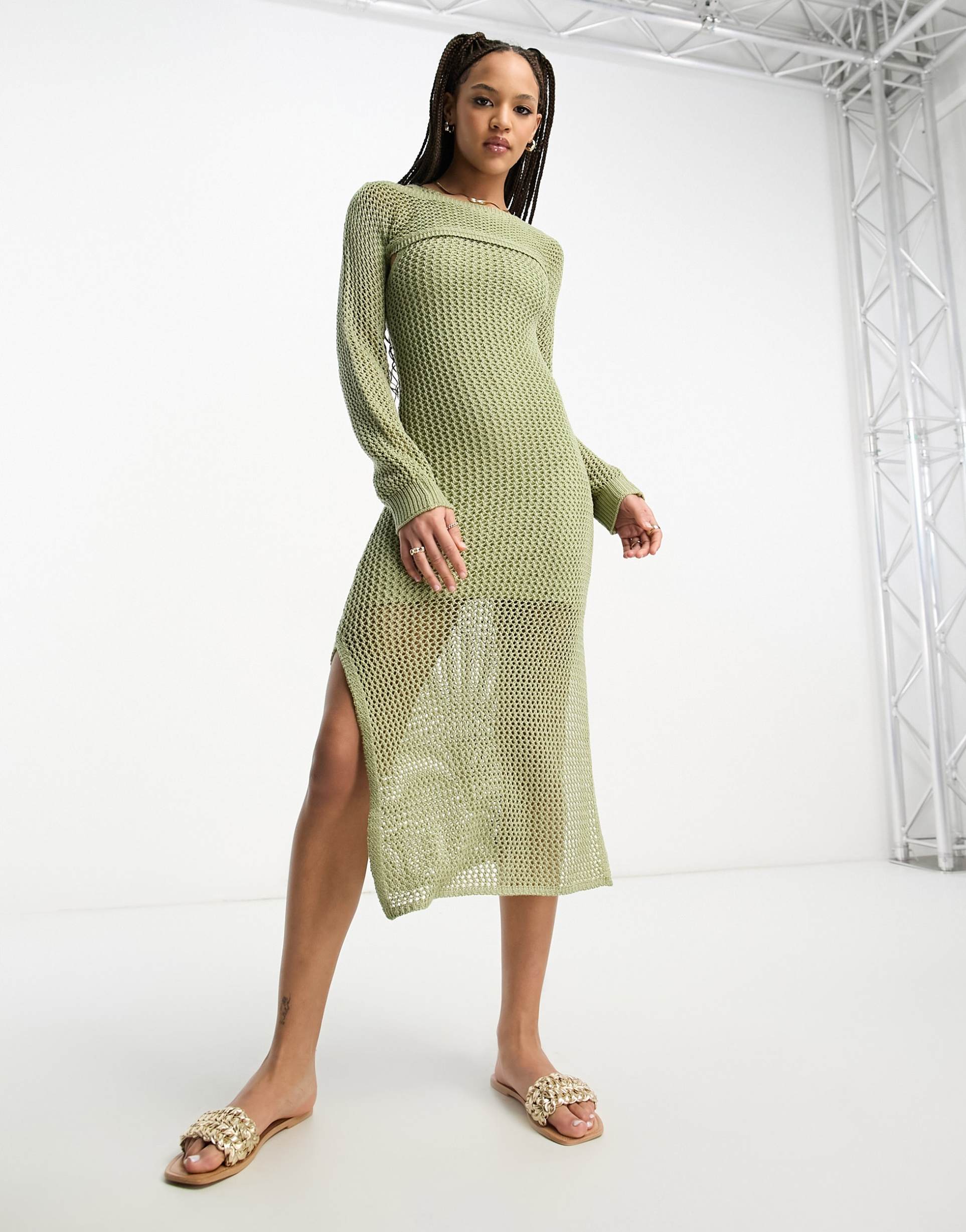 stradivarius 2in1 crochet maxi dress in khaki