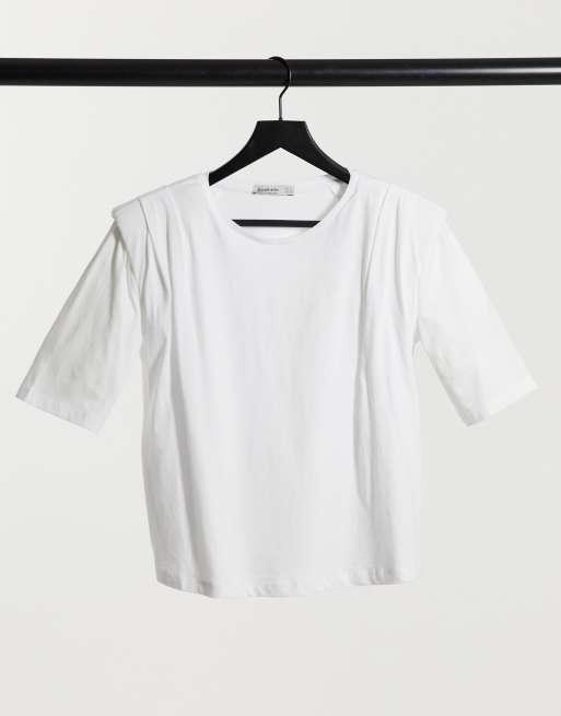 Stradivarius 3 4 Sleeve Shoulder Pad Tee In White Asos