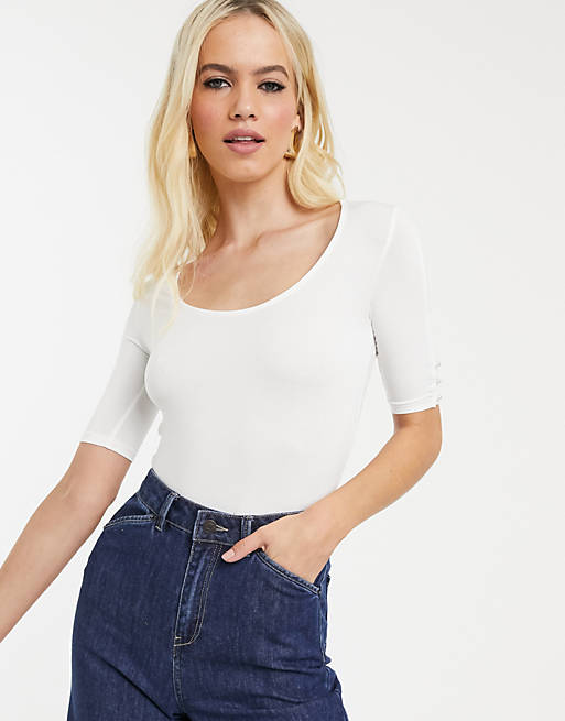 Stradivarius 3/4 sleeve t-shirt with pearl detail in white | ASOS