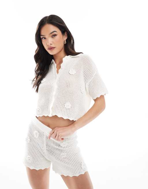 Stradivarius 3D crochet shirt in white (part of a set) 