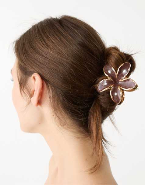Stradivarius – 3er-Pack Blumen-Haarklammern in Braun - view 1
