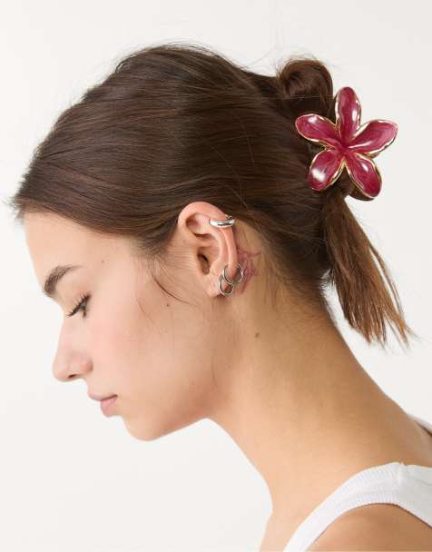 Stradivarius – 3er-Pack Blumen-Haarklammern in Fuchsia - view 1