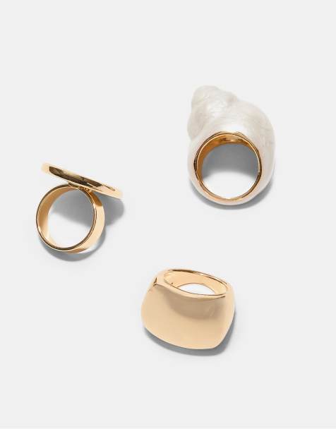 Stradivarius – 3er-Set emaillierte Ringe in Ecru mit Muscheldesign - view 1