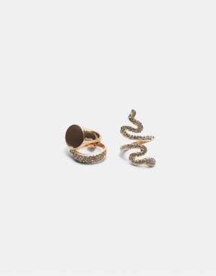 Stradivarius - 3er-Set Ringe in Goldoptik mit Schlangendesign und Schmucksteinen-Gelb