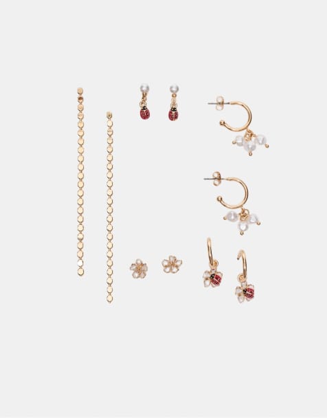 Stradivarius 9-pack of ladybird earrings in gold - view 1