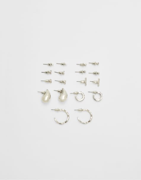 Stradivarius 9 pack of mini teardrop earrings in silver - view 1