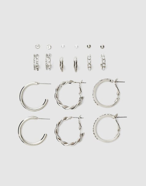 Stradivarius 9 pack of rhinestone and pearl bead hoop earrings in grey - view 1