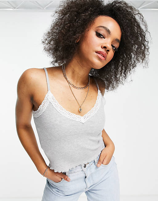 Stradivarius 90's ribbed cami with lace detail in grey