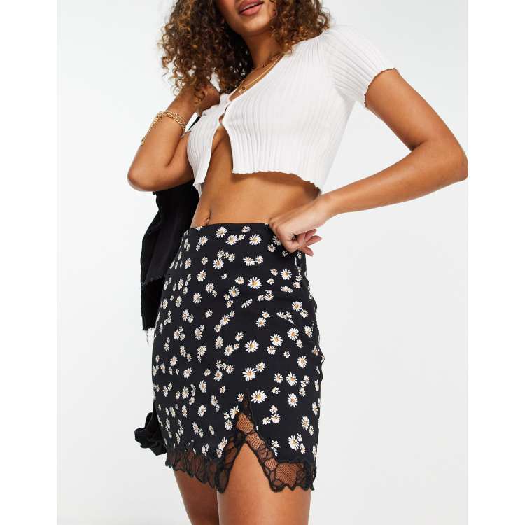 Stradivarius 90s split hem satin mini skirt with lace in floral print ASOS