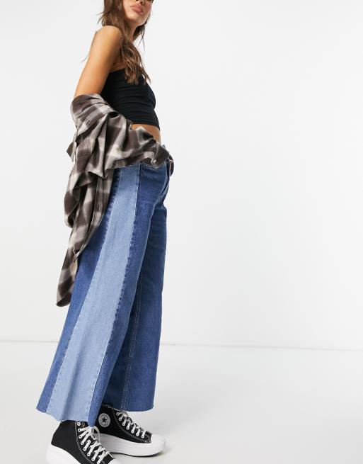 French Blue High Waist Patchwork Ruffles Denim Bell-bottom