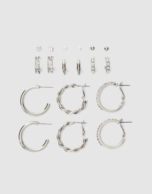 Stradivarius - 9er-Pack Creolen in Grau mit Strass- und Perlendetails