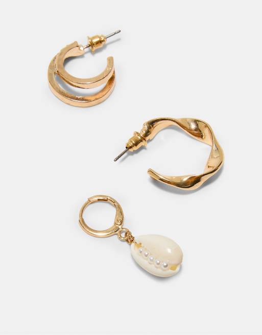 Stradivarius – 9er-Set Ohrringe in Gold-Optik mit Muscheldetail, 4 von 4