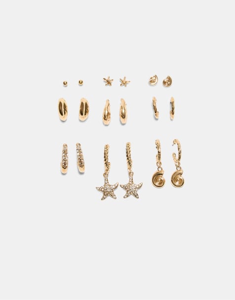 Stradivarius – 9er-Set Ohrringe in Gold-Optik mit Strassverzierung und Seestern-Design - view 1