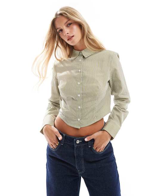 Stradivarius - Aansluitend cropped overhemd in kaki krijtstreep