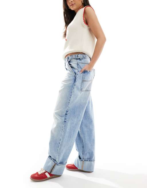 Stradivarius adjustable waist barrel jeans in medium wash blue, 3 of 5