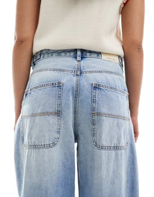 Stradivarius adjustable waist barrel jeans in medium wash blue, 4 of 5