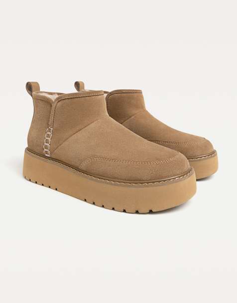 Stradivarius – Ankle-Boots aus Leder in Beige mit Kunstpelz - view 1