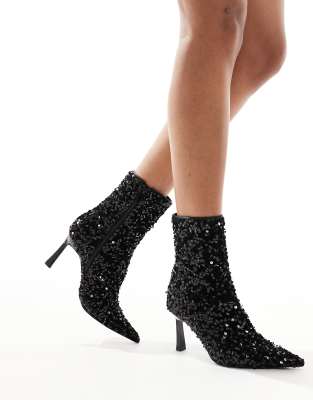 Stradivarius - Ankle-Boots mit Pailletten in Schwarz mit Absatz