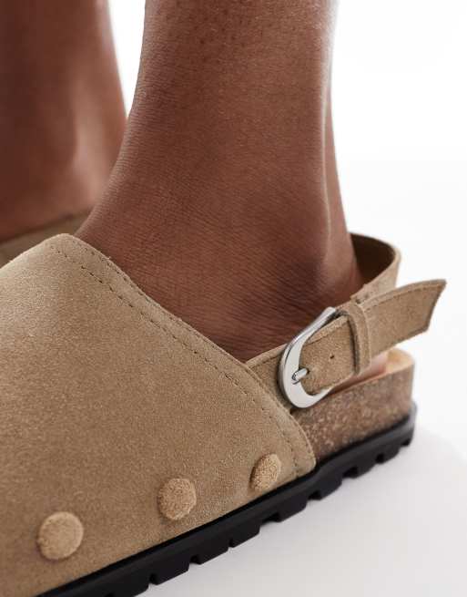 Stradivarius ankle strap flat leather mule in tan