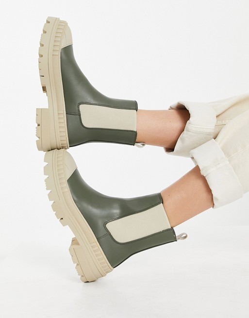 Stradivarius ankle wellie boot with contrast sole in khaki