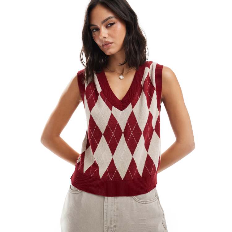 Stradivarius argyle knitted singlet in burgundy ASOS