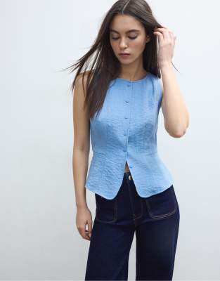 Stradivarius - Ärmelloses Top in Blau mit Knöpfen