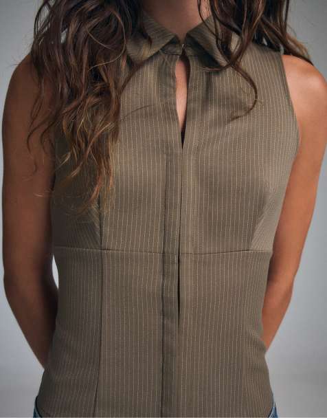 Stradivarius ärmlös topp med tryckknappar i khaki - view 1