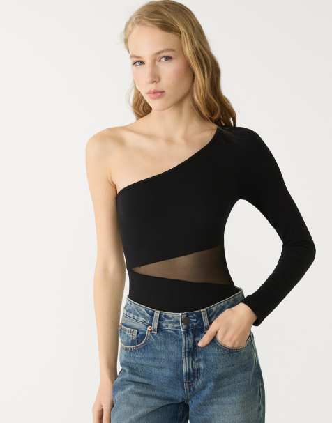 Stradivarius asymmetric bodysuit with sheer details in black - view 1