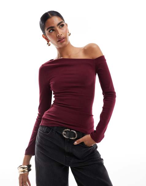 Stradivarius asymmetric detail top in burgundy - view 1