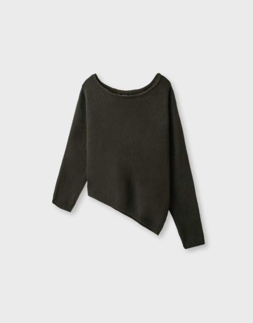 Stradivarius Asymmetric knit sweater in khaki, 6 of 7