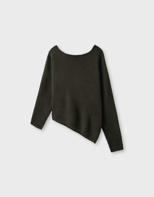 Stradivarius Asymmetric knit sweater in khaki, 7 of 7